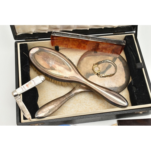 92 - A SILVER MOUNTED BRUSH, MIRROR, COMB, COINS ETC., to include an early 20th century silver mounted br... 