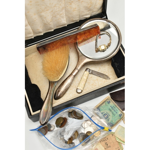 92 - A SILVER MOUNTED BRUSH, MIRROR, COMB, COINS ETC., to include an early 20th century silver mounted br... 