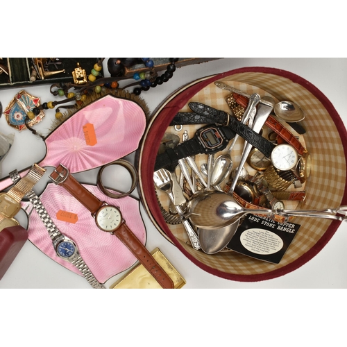 93 - ASSORTED ITEMS, to include a four piece silver and pink guilloche enamel vanity set, comprising of a... 