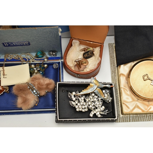 94 - A BOXED OF ASSORTED COSTUME JEWELLERY AND JEWELLERY BOXES, to include various beaded necklaces, brac... 