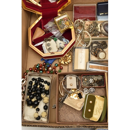 94 - A BOXED OF ASSORTED COSTUME JEWELLERY AND JEWELLERY BOXES, to include various beaded necklaces, brac... 