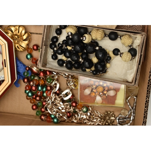 94 - A BOXED OF ASSORTED COSTUME JEWELLERY AND JEWELLERY BOXES, to include various beaded necklaces, brac... 