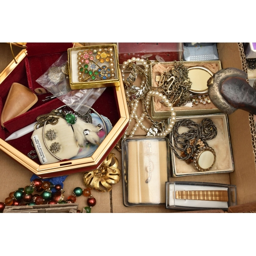 94 - A BOXED OF ASSORTED COSTUME JEWELLERY AND JEWELLERY BOXES, to include various beaded necklaces, brac... 