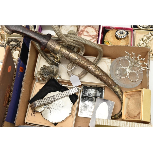 94 - A BOXED OF ASSORTED COSTUME JEWELLERY AND JEWELLERY BOXES, to include various beaded necklaces, brac... 