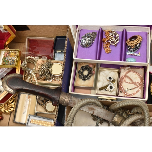 94 - A BOXED OF ASSORTED COSTUME JEWELLERY AND JEWELLERY BOXES, to include various beaded necklaces, brac... 