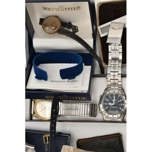 95 - A BOX OF ASSORTED LADIES AND GENTS WRISTWATCHES, to include a gents 'Roamer SeaRock Automatic' stain... 