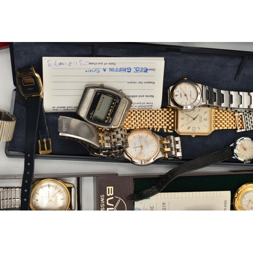 95 - A BOX OF ASSORTED LADIES AND GENTS WRISTWATCHES, to include a gents 'Roamer SeaRock Automatic' stain... 