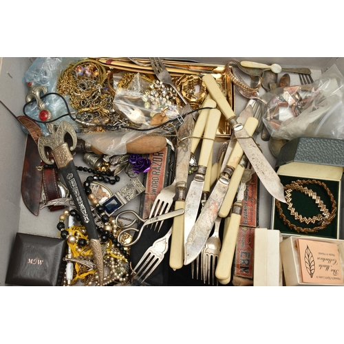 97 - A BOX OF ASSORTED ITEMS, to include various pieces of costume jewellery, ladies fashion wristwatches... 