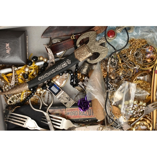 97 - A BOX OF ASSORTED ITEMS, to include various pieces of costume jewellery, ladies fashion wristwatches... 