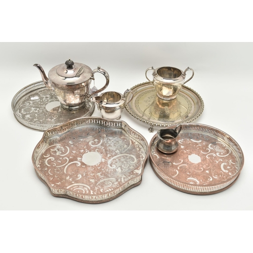 99 - AN ASSORTMENT OF SILVER PLATE TABLE WARE, to include three trays, a salver, a 'Walker & Hall' three ... 