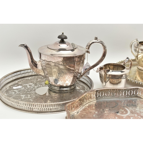 99 - AN ASSORTMENT OF SILVER PLATE TABLE WARE, to include three trays, a salver, a 'Walker & Hall' three ... 