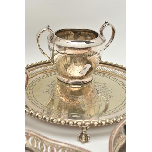 99 - AN ASSORTMENT OF SILVER PLATE TABLE WARE, to include three trays, a salver, a 'Walker & Hall' three ... 