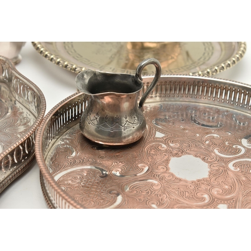 99 - AN ASSORTMENT OF SILVER PLATE TABLE WARE, to include three trays, a salver, a 'Walker & Hall' three ... 