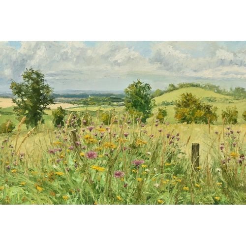 303 - BRIAN BENNETT (BRITISH 1927-2022) WILD FLOWERS IN AN ENGLISH LANDSCAPE, signed bottom left, signed v... 