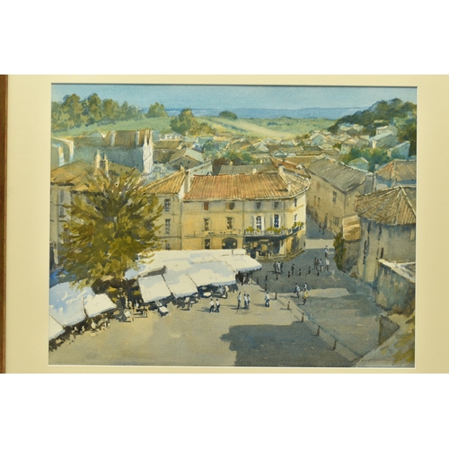 309 - BERT WRIGHT (1930-?) 'St EMILION' FRANCE, a French townscape on market day, signed bottom right, ori... 