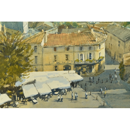 309 - BERT WRIGHT (1930-?) 'St EMILION' FRANCE, a French townscape on market day, signed bottom right, ori... 