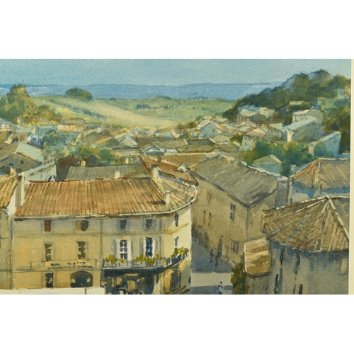 309 - BERT WRIGHT (1930-?) 'St EMILION' FRANCE, a French townscape on market day, signed bottom right, ori... 