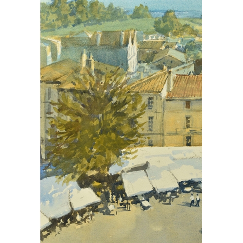 309 - BERT WRIGHT (1930-?) 'St EMILION' FRANCE, a French townscape on market day, signed bottom right, ori... 