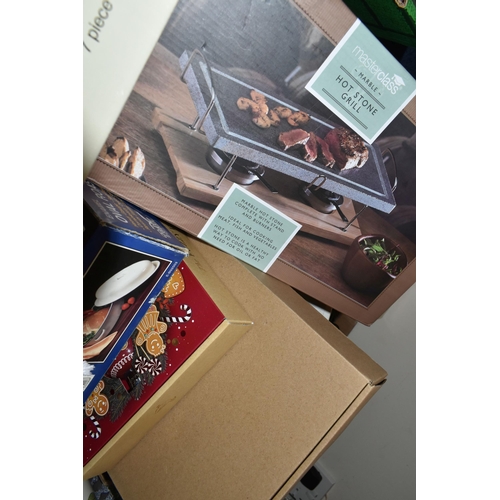 333 - FOUR BOXES OF MIXED KITCHEN CERAMICS AND APPLIANCES to include a boxed hot stone cooking appliance, ... 