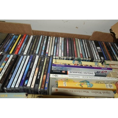 334 - FIVE BOXES AND LOOSE CDS, DVDS, BOOKS AND SUNDRY ITEMS, to include one box of approximately 45 DVDs ... 