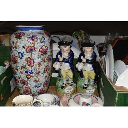 343 - THREE BOXES AND LOOSE CERAMICS, to include two 19th century Staffordshire Pottery Toby jugs 'Hearty ... 