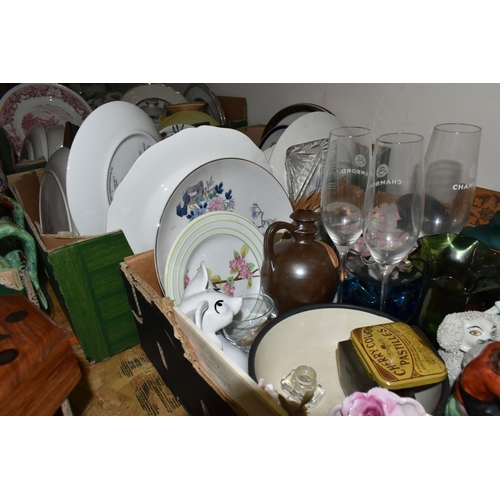 343 - THREE BOXES AND LOOSE CERAMICS, to include two 19th century Staffordshire Pottery Toby jugs 'Hearty ... 