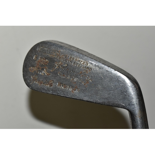 348 - A GROUP OF VINTAGE GOLF CLUBS AND TROLLEY, comprising a leather trimmed canvas golf bag, a hickory s... 