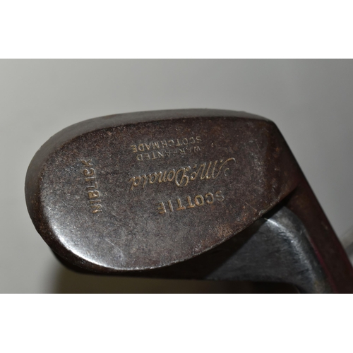 348 - A GROUP OF VINTAGE GOLF CLUBS AND TROLLEY, comprising a leather trimmed canvas golf bag, a hickory s... 