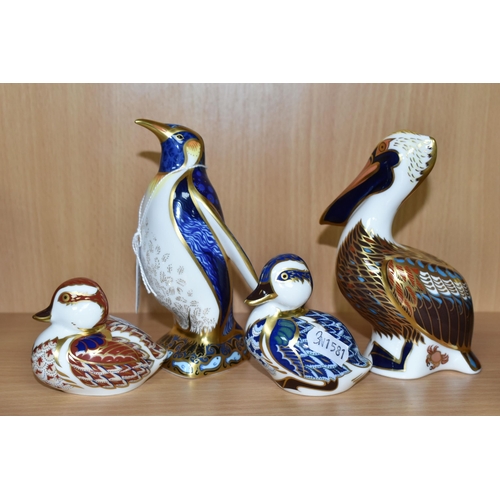 370 - FOUR ROYAL CROWN DERBY PAPERWEIGHTS, comprising Emperor Penguin with gold stopper, a Brown Pelican w... 