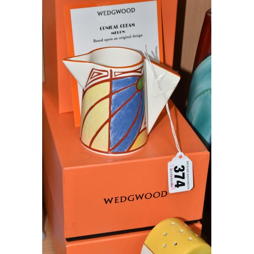 374 - THREE PIECES OF WEDGWOOD 'CLARICE CLIFF COLLECTION' AND AN ANITA HARRIS VASE, comprising Wedgwood 'C... 