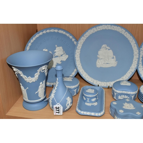 377 - A QUANTITY OF WEDGWOOD JASPERWARE, twenty four pieces in pale blue, to include plates, vases, trinke... 