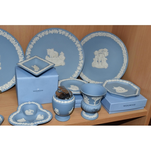 377 - A QUANTITY OF WEDGWOOD JASPERWARE, twenty four pieces in pale blue, to include plates, vases, trinke... 