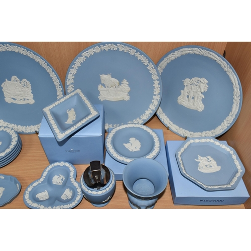 377 - A QUANTITY OF WEDGWOOD JASPERWARE, twenty four pieces in pale blue, to include plates, vases, trinke... 