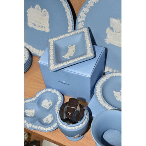 377 - A QUANTITY OF WEDGWOOD JASPERWARE, twenty four pieces in pale blue, to include plates, vases, trinke... 