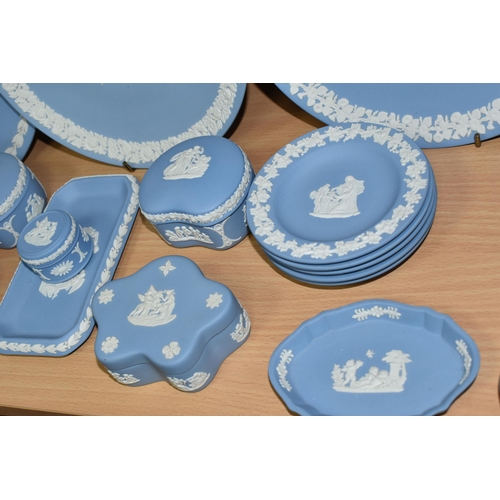 377 - A QUANTITY OF WEDGWOOD JASPERWARE, twenty four pieces in pale blue, to include plates, vases, trinke... 