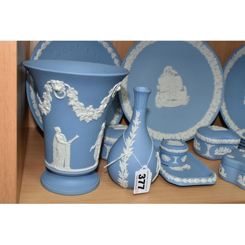 377 - A QUANTITY OF WEDGWOOD JASPERWARE, twenty four pieces in pale blue, to include plates, vases, trinke... 