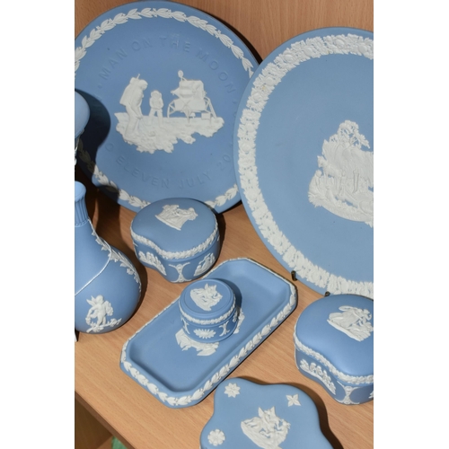 377 - A QUANTITY OF WEDGWOOD JASPERWARE, twenty four pieces in pale blue, to include plates, vases, trinke... 