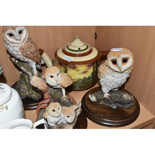 378 - A GROUP OF CERAMICS, METALWARE AND OWL FIGURES, comprising four pieces of Royal Crown Derby 'Derby P... 