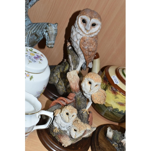 378 - A GROUP OF CERAMICS, METALWARE AND OWL FIGURES, comprising four pieces of Royal Crown Derby 'Derby P... 