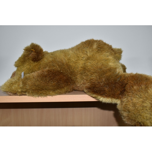 380 - A STEIFF URS BROWN BEAR, No.069673, soft plush brown bear in a lying position, button and tag to lef... 