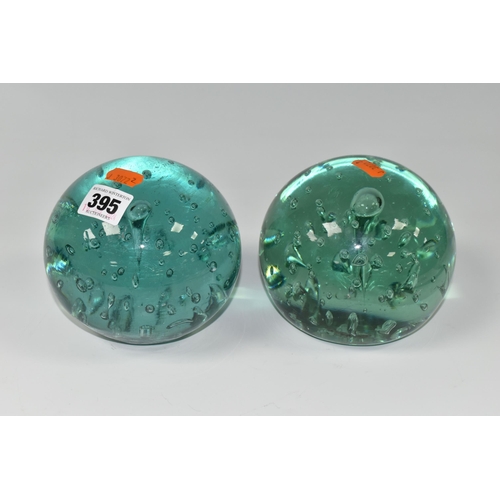 395 - TWO VICTORIAN GREEN AND AQUA GLASS DUMP WEIGHTS, with controlled bubbles, rough pontil marks, approx... 