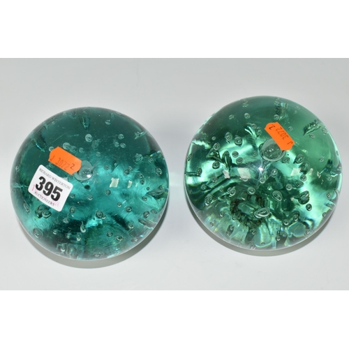 395 - TWO VICTORIAN GREEN AND AQUA GLASS DUMP WEIGHTS, with controlled bubbles, rough pontil marks, approx... 