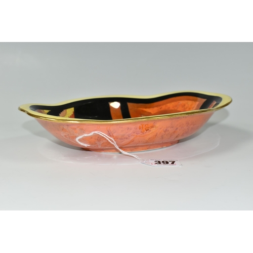 397 - A CARLTON WARE 'JAZZ STITCH' PATTERN BOWL, of shaped oval form, lustre finish, decorated with orange... 