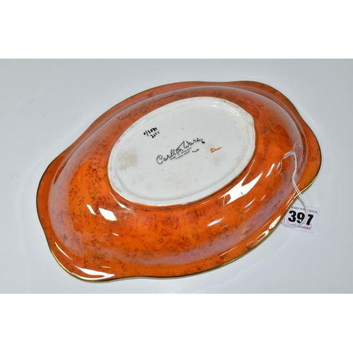 397 - A CARLTON WARE 'JAZZ STITCH' PATTERN BOWL, of shaped oval form, lustre finish, decorated with orange... 