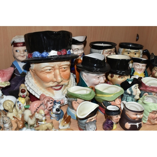 399 - A GROUP OF CHARACTER JUGS, SAILOR DOLLS AND ANIMAL FIGURES, to include two Nora Wellings style souve... 