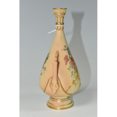 401 - A ROYAL WORCESTER BLUSH IVORY BUD VASE, with twin pierced handles, printed and tinted with sprays of... 