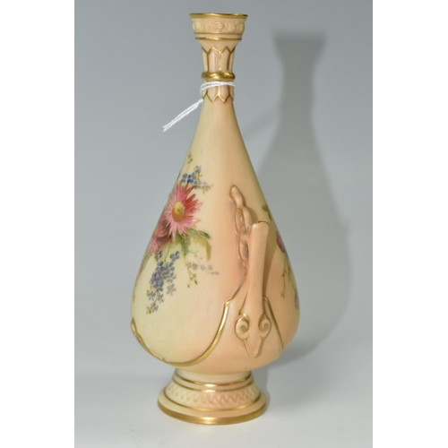 401 - A ROYAL WORCESTER BLUSH IVORY BUD VASE, with twin pierced handles, printed and tinted with sprays of... 