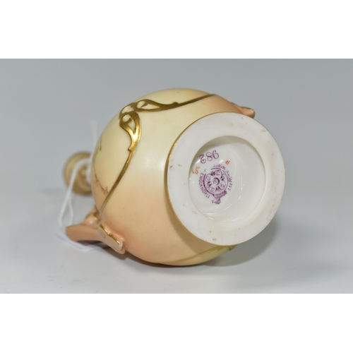 401 - A ROYAL WORCESTER BLUSH IVORY BUD VASE, with twin pierced handles, printed and tinted with sprays of... 