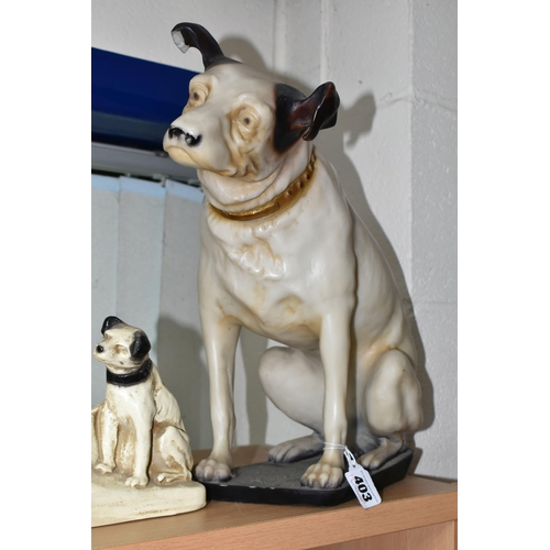 403 - A GROUP OF VICTOR HIS MASTER'S VOICE ADVERTISING ITEMS, comprising a resin figure of Nipper the dog,... 