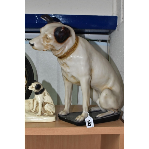 403 - A GROUP OF VICTOR HIS MASTER'S VOICE ADVERTISING ITEMS, comprising a resin figure of Nipper the dog,... 